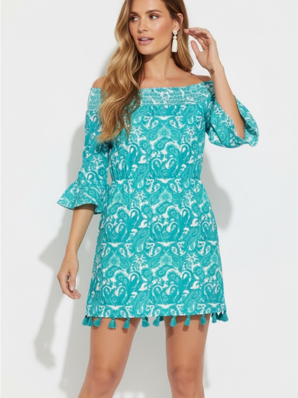 Cabana Life UPF 50 Off-Shoulder Turquoise Resort Mini Cover Up Dress Beach NEW